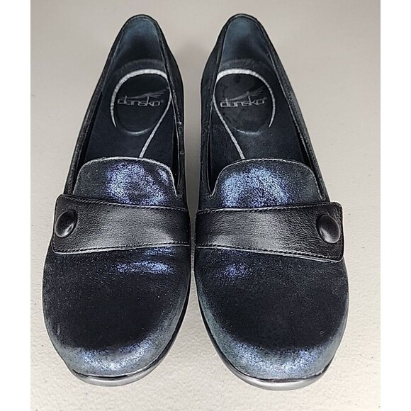 Dansko Olena Women’s 36 Black Leather Blue Metallic Loafer Clogs Flats EUC - Picture 5 of 10